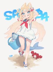 1girl absurdres animal_ears blonde_hair blue_eyes blue_hair blue_nails blue_sandals cat_ears character_name crab dress fins fish_girl fish_tail highres indie_virtual_youtuber knifecat long_hair looking_at_viewer low_twintails multicolored_hair nail_polish sameko_saba sandals sleeveless sleeveless_dress smile solo streaked_hair tail toenail_polish toenails twintails very_long_hair virtual_youtuber white_dress