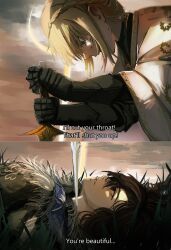 black_hair blonde_hair blood blood_on_face couple elden_ring elden_ring:_shadow_of_the_erdtree girl_on_top highres holding holding_sword holding_weapon lying_on_person mononoke_hime movie_reference needle_knight_leda non-web_source sunset sword tarnished_(elden_ring) weapon
