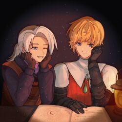 Rule 34 | 2boys, armor, black armor, blonde hair, blue eyes, book, carmen erla, final fantasy, final fantasy iii, gloves, highres, indoors, ingus, jewelry, kerosene lamp, long hair, luneth, male focus, multiple boys, necklace, night, one eye closed, reading, short hair, smile, white hair