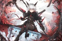 1girl armor armored_boots black_bodysuit black_capelet bodysuit boots breasts cape capelet closed_mouth crossed_legs flower gauntlets gloves grey_hair hair_between_eyes headgear high_heel_boots high_heels highres holding holding_scythe holding_weapon horns looking_at_viewer mechanical_horns mechanical_wings original outdoors petals red_flower science_fiction scythe short_hair shoulder_armor sitting small_breasts solo torn torn_cape torn_clothes tree vambraces weapon white_hair wings yellow_eyes yue_ying_jin_feng