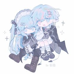 Rule 34 | 1boy, 1girl, black boots, black vest, blue eyes, blue hair, blush, boots, bow, cape, chibi, chibi only, demon boy, demon girl, demon tail, demon wings, dress, english text, hair ornament, hairclip, heterochromia, jewelry, long hair, memuro, original, pale skin, piercing, pointy ears, ribbon, sample watermark, shirt, tail, vest, watermark, wings