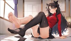 1girl barefoot black_hair black_thighhighs blue_eyes breasts dysoor fate/stay_night fate_(series) full_body hair_ribbon highres looking_at_viewer medium_breasts no_shoes otakueden1995 panties pantyshot ribbon sitting solo thighhighs thighs toes tohsaka_rin two_side_up underwear white_panties window