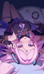 1girl absurdres armlet black_leotard blue_eyes book bracelet braid breasts citlali_(genshin_impact) citlalin_(genshin_impact) commentary_request facial_mark fingerless_gloves fingernails floating_headgear forehead_mark genshin_impact gloves hair_spread_out hand_up headgear highres itzpapa_(genshin_impact) jewelry knees_up large_breasts leotard long_fingernails long_hair looking_at_viewer lying nail_polish on_back open_book open_mouth pillow pink_hair pink_pupils purple_nails shali simple_background sleeveless_turtleneck_leotard solo thigh_marking triangle triangle_facial_mark twin_braids