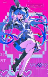 1girl amemiya_darumi black_hair blue_hair boots english_text female_focus hand_up heart high_heel_boots high_heels highres last_defense_academy_school_uniform long_hair looking_at_viewer multicolored_hair open_mouth pink_background pink_eyes simple_background solo solo_focus the_hundred_line_-last_defense_academy- twintails