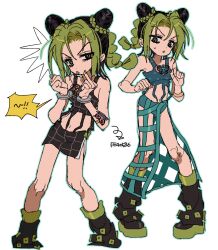 Rule 34 | 1girl, aqua outline, aqua skirt, aqua tank top, black boots, black hair, black skirt, black tank top, boots, braid, breasts, bun with braided base, butterfly tattoo, cone hair bun, crop top, cuffs, double bun, fu r y, green boots, green eyes, green hair, green lips, hair bun, handcuffs, highres, jojo no kimyou na bouken, kuujou jolyne, looking at viewer, looking down, middle finger, miniskirt, multicolored hair, multiple views, outline, skirt, small breasts, speech bubble, spider web print, stone ocean, sweatdrop, tank top, tattoo, two-tone hair, white background