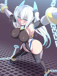 1girl amahara_kuon black_leotard blue_eyes blue_hair blush borrowed_character bound breasts celestia_quartz chain chained clenched_teeth covered_erect_nipples covered_navel cuffs deni_m elbow_gloves gloves gradient_hair headgear highleg highleg_leotard impossible_clothes impossible_leotard large_breasts leotard long_hair looking_at_viewer magical_girl multicolored_hair original restrained shackles skin_tight solo standing symbol-shaped_pupils teeth thighhighs twintails white_hair