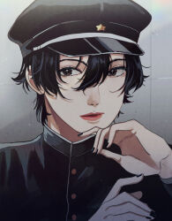 1boy androgynous black_hair black_hat black_jacket black_nails brown_eyes curled_fingers gakuran gakuseibou hair_between_eyes hat highres huwarinn99 ichihashi_raizou jacket lipstick litchi_hikari_club looking_to_the_side makeup male_focus nail_polish portrait red_lips school_uniform short_hair solo