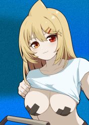 1girl blonde_hair blue_background blush breasts cleavage commentary_request cross cross_pasties hair_ornament hairclip heterochromia highres hpapo indie_virtual_youtuber kaofish large_breasts lifting_own_clothes looking_at_viewer pasties red_eyes seductive_smile selfie shirt smile yellow_eyes