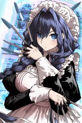 1girl apron black_dress blue_eyes blue_hair braid breasts closed_mouth dress floating floating_object floating_weapon hair_intakes haraya_manawari highres holding holding_knife hololive hololive_english juliet_sleeves knife large_breasts long_hair long_sleeves maid maid_apron maid_headdress official_alternate_costume ouro_kronii ouro_kronii_(maid) parody puffy_sleeves solo touhou twin_braids upper_body white_apron