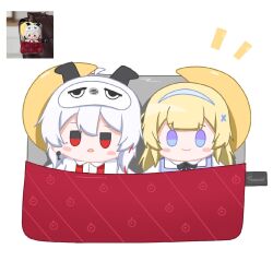 2girls ahoge artist_logo black_eyes black_horns blonde_hair blue_eyes closed_mouth commentary curled_horns earrings english_commentary hairband highres horns jewelry key_earrings logo long_hair mask mask_on_head multicolored_eyes multiple_girls phoebe_(wuthering_waves) photo_inset red_eyes simple_background sleep_mask smile tenrino two-tone_eyes white_background white_hair white_hairband wuthering_waves zani_(wuthering_waves)
