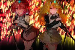 Rule 34 | 2girls, absurdres, black shirt, black skirt, blonde hair, breasts, cowboy shot, highres, holding, holding microphone stand, large breasts, microphone stand, multiple girls, mythra (xenoblade), one eye closed, pyra (xenoblade), red eyes, red hair, red skirt, shirt, short hair, skirt, striped clothes, striped skirt, tarbo (exxxpiation), tiara, white shirt, xenoblade chronicles (series), xenoblade chronicles 2, yellow eyes, yellow skirt