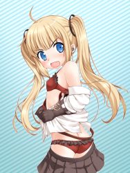 1girl ahoge amazon_(azur_lane) ass azur_lane black_gloves black_skirt blonde_hair blue_eyes bra breasts butt_crack clothes_pull earplugs female_focus from_side gloves highres kumaneko_rococo long_hair looking_at_viewer looking_back miniskirt open_clothes open_mouth open_shirt panties red_bra red_panties shirt skirt skirt_down skirt_pull small_breasts solo surprised twintails unbuttoned underwear undressing white_shirt