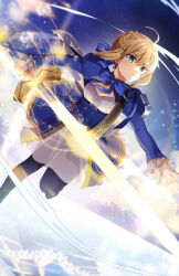 1girl absurdres ahoge artoria_pendragon_(fate) black_pantyhose blonde_hair blue_dress blue_ribbon braid commentary dress excalibur_(fate/stay_night) fate/stay_night fate/unlimited_blade_works fate_(series) floating_hair glowing glowing_sword glowing_weapon green_eyes hair_ribbon highres holding holding_sword holding_weapon honkai:_star_rail honkai_(series) k-rumi long_sleeves official_alternate_costume pantyhose ribbon saber_(fate) saber_(honkai:_star_rail)_(fate) short_hair solo sword weapon