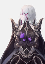 1girl bare_shoulders breasts brown_cape brown_dress brown_gloves bug butterfly cape collarbone cowboy_shot dress elbow_gloves gloves grimms_notes highres insect iumi_urura large_breasts long_hair looking_to_the_side parted_lips purple_butterfly red_eyes simple_background solo teeth true_morrigan_(grimms_notes) white_background white_hair
