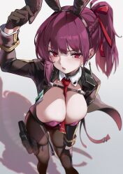 1girl absurdres adjusting_clothes adjusting_headwear animal_ear_hairband animal_ears between_breasts black_gloves black_hairband black_jacket braid breasts fake_animal_ears girls&#039;_frontline gloves gun hair_ribbon hairband hand_on_own_leg handgun highres holster jacket large_breasts leotard long_hair long_sleeves looking_at_viewer necktie necktie_between_breasts open_mouth pantyhose pink_hair pink_leotard ponytail rabbit_ear_hairband rabbit_ears red_eyes red_necktie red_ribbon revolver ribbon shirt solo thigh_holster thighs torn_clothes torn_pantyhose wa2000_(girls&#039;_frontline) weapon white_background white_shirt zomzomzomsauce