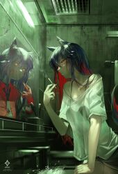 1girl a0lp animal_ears arknights arm_support bare_shoulders bathroom black_bra black_hair black_necktie blood blood_on_face bra cigarette collared_shirt colored_inner_hair commentary english_commentary faucet gloves grate highres holding holding_cigarette leaning_forward looking_at_mirror looking_at_self mirror multicolored_hair necktie official_alternate_costume orange_eyes red_gloves red_shirt reflection shirt short_shorts shorts sink texas_(arknights) texas_(willpower)_(arknights) tile_wall tiles toothbrush towel towel_rack underwear water white_shirt wolf_ears wolf_girl