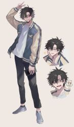 Rule 34 | !?, 1boy, absurdres, arm up, black eyes, black hair, black pants, blue jacket, blush, cellphone, cheng xiaoshi, full body, grey shoes, grin, hair between eyes, hand on own face, highres, holding, holding phone, jacket, justjust monika, long sleeves, looking at viewer, male focus, multicolored jacket, multiple views, open clothes, open jacket, open mouth, pants, phone, shiguang dailiren, shirt, shoes, short hair, simple background, smartphone, smile, sneakers, sparkle, speech bubble, standing, sweat, v, white shirt, yellow background, yellow jacket