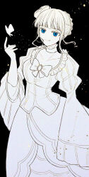 Rule 34 | 1girl, :q, bakara (19083210), beatrice (umineko), black background, blue eyes, bow, braid, breasts, brooch, bug, butterfly, choker, collarbone, commentary request, crown braid, dress, flower, hair flower, hair ornament, hand up, highres, insect, jewelry, juliet sleeves, large breasts, long sleeves, puffy sleeves, short hair, sleeves past fingers, sleeves past wrists, smile, solo, spot color, tongue, tongue out, umineko no naku koro ni, wide sleeves