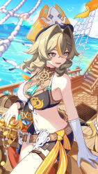 1girl :d absurdres bare_shoulders belt bikini bird blue_sky braid breasts brown_belt chinese_commentary cloud coin commentary_request day facial_mark fishnets gloves grey_eyes grey_hair hair_intakes hat highres honkai_(series) honkai_impact_3rd large_breasts medium_hair navel ocean official_art open_mouth orange_hat purple_pupils ship single_glove sitting sky smile solo stomach swimsuit thigh_strap thighs treasure_chest vill-v vill-v_(i&#039;m_the_storm) water watercraft white_gloves wooden_floor