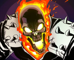 1boy fire flaming_skull ghost_rider ghost_rider_(series) glowing glowing_eyes glowing_mouth male_focus marvel no_pupils shoulder_pads skull solo spacezin spikes