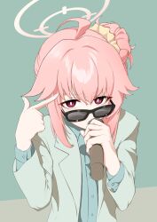 Rule 34 | 1girl, ahoge, alternate costume, bespectacled, blue archive, bright pupils, buttons, commentary request, eyelashes, formal clothes, glasses, green background, green shirt, green suit, hair between eyes, hair intakes, hair ornament, hair scrunchie, halo, hands up, highres, holding, holding microphone, index finger raised, long hair, long sleeves, looking at viewer, mandara3a, microphone, natsu (band) (blue archive), natsu (blue archive), official alternate hairstyle, pink hair, pink halo, red eyes, scrunchie, shirt, sidelocks, simple background, solo, suit, sunglasses, tsurime, upper body, upturned eyes, v-shaped eyebrows, white pupils, yellow scrunchie