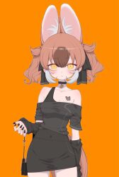 1girl alternate_costume animal_ears bag black_choker black_dress black_nails blush breasts brown_hair butterfly_tattoo choker cleavage covered_navel detached_sleeves dhole_(kemono_friends) dog_ears dog_girl dog_tail dress emo_fashion extra_ears hair_ribbon handbag heart heart_choker highres kemono_friends kemono_friends_3 large_breasts looking_at_viewer multicolored_hair notora ribbon short_hair solo tail tattoo two-tone_hair white_hair