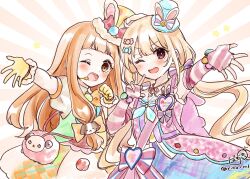 Rule 34 | 2girls, ;d, animal bag, animal ears, bag, blonde hair, blue hat, blush, bow, brown bow, brown eyes, brown hair, commentary request, dog hair ornament, dress, fake animal ears, fingerless gloves, fur-trimmed gloves, fur trim, futaba anzu, gloves, hair bow, hair ornament, hat, headset, heart, highres, ichihara nina, idolmaster, idolmaster cinderella girls, idolmaster cinderella girls starlight stage, long hair, looking at viewer, low twintails, mini hat, multiple girls, one eye closed, open mouth, outstretched arm, pink dress, puffy short sleeves, puffy sleeves, rabbit ears, rino cnc, sailor collar, sailor dress, shirt, short sleeves, shoulder bag, smile, striped bow, sunburst, sunburst background, tilted headwear, twintails, twitter username, very long hair, white sailor collar, white shirt, yellow gloves