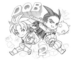 Rule 34 | 2boys, 3others, :d, backpack, bag, boots, bow, chibi, club, club (weapon), copyright name, dracky, dragon quest, dragon quest builders 2, gloves, greyscale, grin, hair bow, hair horns, hashtag-only commentary, holding, holding behind back, holding club, holding weapon, holding weapon behind back, jewelry, looking at another, low ponytail, male builder (dqb2), male focus, monochrome, multiple boys, multiple others, neckerchief, necklace, official alternate hairstyle, open clothes, open mouth, open shirt, pants, pg pargon, ponytail, shirt, sidoh (dqb2), sketch, slime (dragon quest), smile, spiked club, spiked hair, striped clothes, striped pants, tooth necklace, vest, weapon, white background