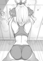 1girl against_locker alternate_costume ass bdsm bondage bound butterfly_hair_ornament commentary english_commentary from_behind go-toubun_no_hanayome greyscale hair_ornament highres kimoshi legs_apart locker locker_room medium_hair monochrome nakano_nino restrained ribbon solo sports_bra