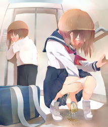 Rule 34 | 1boy, 1girl, 22m, bag, blush, brown eyes, brown hair, elevator, highres, original, panties, panty pull, peeing, peeing in bottle, school bag, school uniform, squatting, trapped, underwear