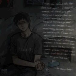 Rule 34 | 1boy, bedroom, black hair, ch1ckenpretz, cry of fear, dark, dim lighting, english text, grey shirt, head tilt, highres, holding own arm, implied self-harm, male focus, shirt, short hair, simon henriksson, t-shirt, tissue box, used tissue, wide-eyed, worried, wrist cutting