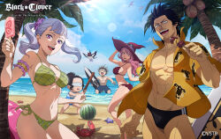 2boys 3girls abs absurdres asta_(black_clover) beach bikini black_clover black_clover_m:_rise_of_the_wizard_king black_hair blindfold blue_shorts blue_sky braid breasts brown_bikini charmy_pappitson commentary copyright_name crab day english_commentary eyewear_on_headwear food fruit grey_hair hat highres holding holding_food holding_ice_cream holding_surfboard ice_cream large_breasts lens_flare long_hair looking_at_viewer male_swimwear multiple_boys multiple_girls muscular muscular_male navel noelle_silva official_alternate_costume official_art open_clothes open_mouth open_shirt outdoors palm_tree pink_hair purple_eyes red_bikini red_headwear sand secre_swallowtail shirt short_hair short_twintails shorts sky spiked_hair surfboard swim_briefs swim_trunks swimsuit teeth topless_male tree twin_braids twintails upper_teeth_only vanessa_enoteca water watermelon witch_hat yami_sukehiro yellow_shirt