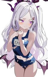 1girl absurdres ahoge averting_eyes bare_arms bare_shoulders blue_archive blue_one-piece_swimsuit blush closed_mouth demon_girl demon_horns demon_wings embarrassed flat_chest grey_hair hair_ornament hairclip hakusimi_8943 hands_on_own_chest highres hina_(blue_archive) hina_(swimsuit)_(blue_archive) horns loli long_hair looking_to_the_side low_wings navel official_alternate_costume official_alternate_hairstyle one-piece_swimsuit one_side_up parted_bangs purple_eyes solo swimsuit thighs torn_clothes torn_swimsuit very_long_hair white_background wings