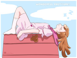1girl aoneco border brown_hair closed_eyes commentary_request doghouse dress inukai_komugi knee_up long_hair lying on_back outdoors peanuts_(comic) pink_dress pink_ribbon precure ribbon sleeping smile snoopy socks solo species_connection white_border white_socks wonderful_precure! zzz