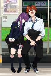 1boy 1girl alternate_costume bag bag_charm black_hair black_pants character_charm charm_(object) commentary contemporary fatzhai fern_(sousou_no_frieren) frieren highres leaning_on_person leaning_to_the_side multicolored_hair orange_hair pants purple_hair roots_(hair) school_bag school_uniform shirt sitting sleeping smartwatch sousou_no_frieren stark_(sousou_no_frieren) symbol-only_commentary train_interior two-tone_hair watch white_shirt wristwatch