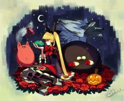1girl 1other 3boys :3 alex_ahad artist_name black_cat black_dress black_footwear black_ribbon blazblue blonde_hair cat commentary crescent_moon demon dress english_commentary female_focus flower frilled_dress frills frog gii hair_ribbon highres jack-o&#039;-lantern long_hair looking_at_viewer looking_to_the_side moon multiple_boys nago neck_ribbon night platform_footwear pumpkin rachel_alucard red_eyes red_ribbon ribbon rose signature sky slit_pupils solo_focus star_(sky) starry_sky tail tail_ornament tail_ribbon valkenhayn_r_hellsing vampire werewolf wolf