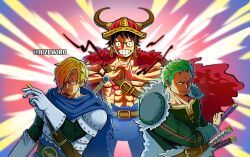 3boys absurdres blonde_hair coat green_hair highres horns knight lightning monkey_d._luffy multiple_boys muscular muscular_male one_piece roronoa_zoro sanji_(one_piece) smoking sword topless_male viking weapon wize_(hizewiro)