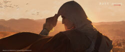 Rule 34 | 1boy, absurdres, adjusting clothes, adjusting headwear, assassin&#039;s creed (series), assassin&#039;s creed ii, beard stubble, closed mouth, copyright name, copyright notice, evening, ezio auditore da firenze, facial hair, floating cape, hand on headwear, hand up, highres, hood, hood up, logo, male focus, mature male, mountainous horizon, mustache stubble, official art, orange sky, outdoors, profile, reverse:1999, shirt, side cape, simple bird, sky, solo, stubble, twilight, upper body