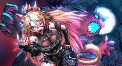 1girl \m/ absurdres animal_ear_fluff animal_ears asymmetrical_legwear bandaid bandaid_on_face bandaid_on_nose belt black_arm_warmers black_belt black_nails blonde_hair blue_eyes breasts cat_ears cat_girl cat_tail chain chest_belt cleavage fingernails freckles full_moon hair_ornament hand_on_own_hip highres indie_virtual_youtuber large_breasts long_hair looking_at_viewer minster_(dooke) monster_girl moon navel obkatiekat obkatiekat_(2nd_costume) one_eye_closed pants ponytail sharp_fingernails sideboob solo_focus tail teeth tongue tongue_out torn_clothes torn_pants torn_sleeves tree upper_teeth_only very_long_hair virtual_youtuber