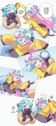 1boy 1girl aquanut blue_gloves blue_hair blue_scarf blush character_hair_ornament closed_eyes crossed_arms gen_4_pokemon gloves grusha_(pokemon) hair_ornament highres iono_(pokemon) jacket multicolored_hair nintendo photobomb pink_eyes pokemon pokemon_sv rotom rotom_phone scarf sleeves_past_fingers sleeves_past_wrists squiggle two-tone_hair yellow_jacket