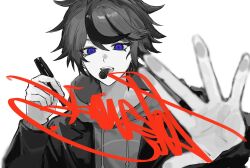 blue_eyes character_signature commentary greyscale highres holding holding_marker jacket jacket_over_hoodie lapels male_focus marker monochrome mouth_hold multicolored_hair notched_lapels official_alternate_costume open_clothes open_jacket short_hair simple_background sparrowhabird spot_color streaked_hair sumino_takumi symbol-only_commentary the_hundred_line_-last_defense_academy- tower_records upper_body