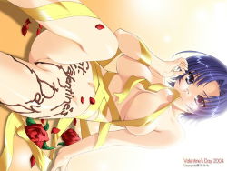 00s 1girl 2004 adjusting_eyewear blue_eyes blue_hair breasts censored chocolate convenient_censoring female_focus flower glasses ino_(magloid) kusakabe_nagisa large_breasts legs looking_at_viewer lying matching_hair/eyes messy mouth_hold naked_chocolate naked_ribbon navel no_bra nude on_back onedari_sweetie original petals pussy red_flower red_rose ribbon rose short_hair sitting solo thighs uncensored valentine