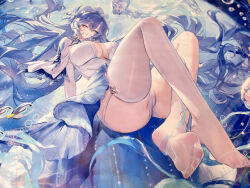 1girl asymmetrical_legwear blue_eyes blue_flower blue_hair blush breasts cantarella_(wuthering_waves) chinese_commentary commentary_request dress earrings facial_mark feet fish floating_hair flower full_body garter_straps hair_between_eyes hair_flower hair_ornament hair_spread_out headdress jellyfish jewelry kneehighs large_breasts legwear_cutout long_hair looking_at_viewer mark_under_eye meisansan nail_polish no_shoes panties parted_lips purple_hair purple_nails shrug_(clothing) single_kneehigh single_sock skindentation smile socks soles solo submerged thighhighs thighs toenail_polish toenails toes underwater underwear uneven_legwear very_long_hair water white_dress white_garter_straps white_panties white_shrug white_socks white_thighhighs wuthering_waves