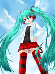 1girl aqua_hair bad_id bad_pixiv_id bespectacled female_focus glasses hatsune_miku hatsune_miku_(natural) headphones kocchi_muite_baby_(vocaloid) long_hair outdoors project_diva project_diva_(series) project_diva_2nd red_eyes saru skirt sky smile solo striped_clothes striped_thighhighs thighhighs twintails very_long_hair vocaloid zettai_ryouiki