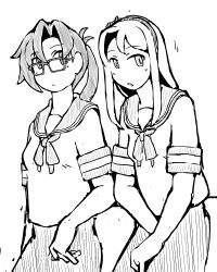 2girls amagiri_(kancolle) commentary_request cowboy_shot greyscale hairband kantai_collection long_hair looking_at_viewer monochrome multiple_girls neckerchief no_nose ponytail sagiri_(kancolle) sailor_collar sailor_shirt school_uniform serafuku shirt short_sleeves skirt task_(s_task80)