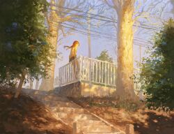 1girl arm_support blue_shorts brown_eyes brown_hair closed_mouth commentary fjsmu from_behind highres long_hair on_railing original outdoors power_lines railing scenery shirt shorts sitting sky solo stairs sunlight sunset tree utility_pole white_shirt wide_shot