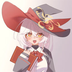 1girl :d black_hat black_jacket black_sweater blue_archive blush book bow bowtie braid buttons collared_shirt crossed_bangs earrings eri_(blue_archive) grey_hair hair_between_eyes halo hat hat_bow highres holding holding_book jacket jewelry long_hair looking_at_viewer multicolored_eyes multicolored_hair multiple_rings open_clothes open_jacket open_mouth orange_eyes red_bow red_bowtie red_hair ring shadow shirt side_braid smile solo star-shaped_pupils star_(symbol) streaked_hair striped_bow striped_bowtie striped_clothes sweater symbol-shaped_pupils tenkuu_(pixiv_25170131) triangle_earrings turtleneck turtleneck_sweater two-sided_fabric two-sided_headwear upper_body white_shirt witch_hat yellow_eyes yellow_halo