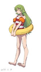 1girl barefoot flat_chest green_hair hair_between_eyes highres innertube kufufu_kekerakera long_hair one-piece_swimsuit shy_(series) simple_background solo striped_clothes striped_one-piece_swimsuit swim_ring swimsuit takatisakana white_background
