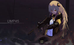 1girl armband artist_name bad_gun_anatomy black_gloves black_jacket black_skirt brown_eyes character_name collared_shirt commentary_request contrast_collar double-parted_bangs dress_shirt fingerless_gloves fire girls&#039;_frontline gloves green_pupils grey_hair gun h&amp;k_ump hair_between_eyes holding holding_weapon hood hood_down hooded_jacket jacket long_hair long_sleeves looking_at_viewer magazine_(weapon) neck_ribbon no_scar one_side_up ribbon roon_(ddeer2010) shirt sidelocks skirt solo submachine_gun suppressor two-sided_fabric two-sided_jacket ump45_(girls&#039;_frontline) very_long_hair weapon white_shirt yellow_armband yellow_jacket