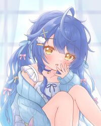 ahoge amamiya_kokoro amamiya_kokoro_(6th_costume) bell blue_hair blush choker cloud_hair_ornament collarbone fang frills hair_between_eyes hair_ornament highres looking_at_viewer matcha_november neck_bell nijisanji open_mouth sidelocks sitting skin_fang twintails virtual_youtuber x_hair_ornament yellow_eyes